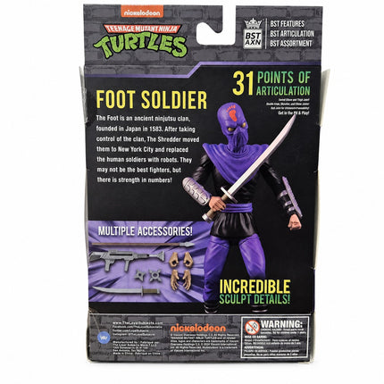 Back of TMNT BST AXN Foot Soldier packaging showing 31 articulation points and accessories