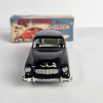 Vintage Streamlux Tom Thumb Holden FE Sedan black diecast model Front with original illustrated box