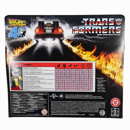 Back of Transformers x Back to the Future 40th Anniversary Gigawatt E8545 packaging