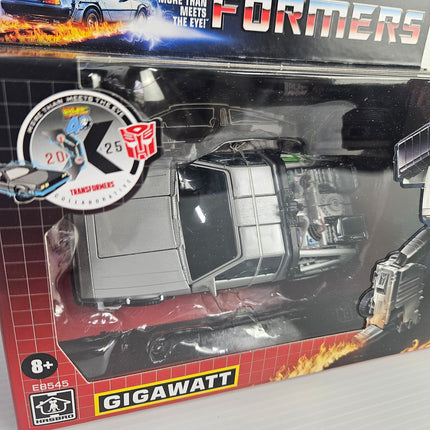 Close-up of Transformers Gigawatt 40th Anniversary DeLorean figure in packaging