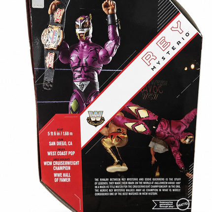 Back of WWE Ultimate Edition Rey Mysterio box showing Halloween Havoc 1997 photography