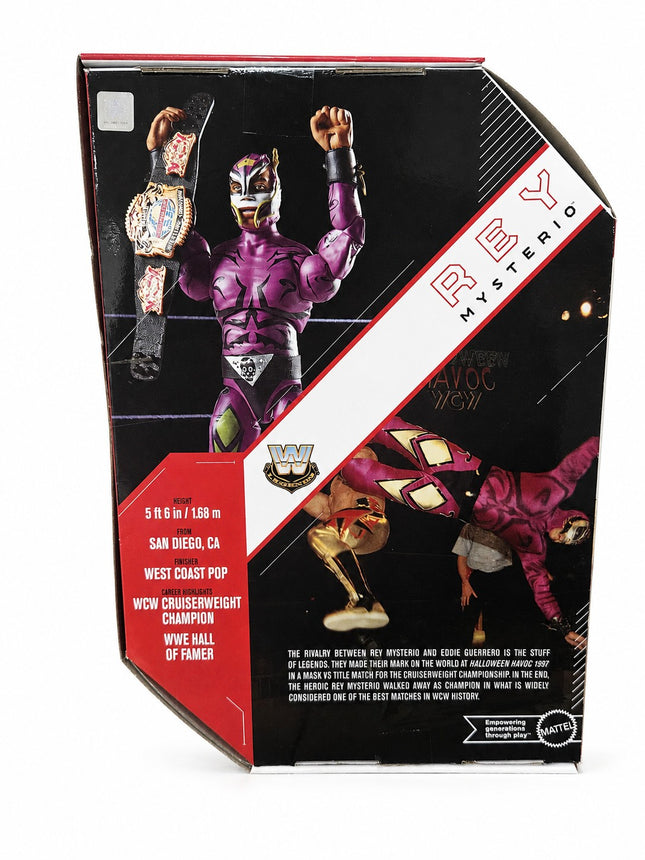 Back of WWE Ultimate Edition Rey Mysterio box showing Halloween Havoc 1997 photography